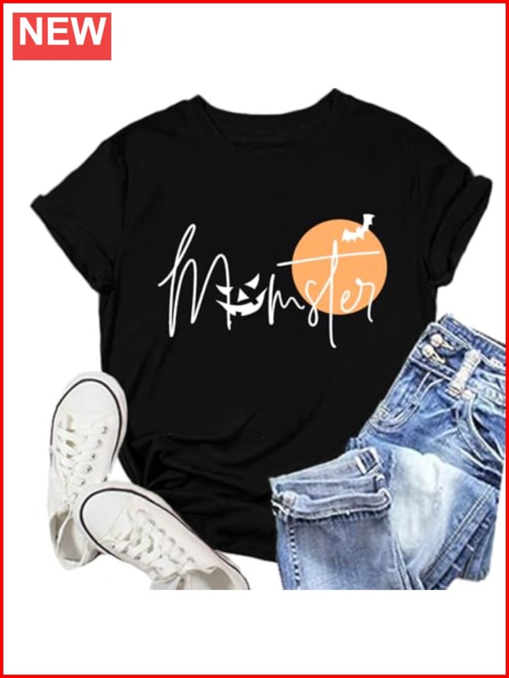Momster Halloween T-Shirt Women Funny Spider Bat Letter Print Crew Neck Short